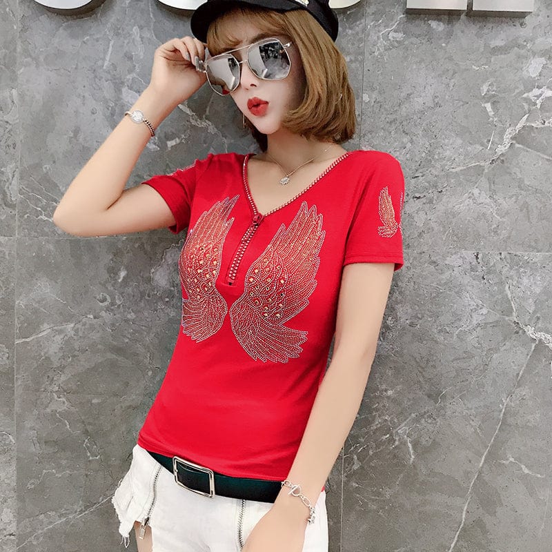 2 XL / Red Design Wings Diamonds Beading Handmade T-Shirt Women Black Red New V-neck Slim Short Sleeve Women Tops Tees Summer T25909