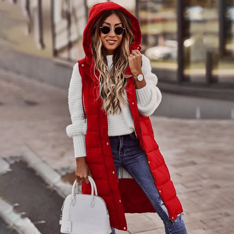 2 XL / Red Fashion Sleeveless Cotton Hooded Jackets Vest Women Long Winter Vests  Solid Color Zipper Warm Streetwear Waistcoat Women