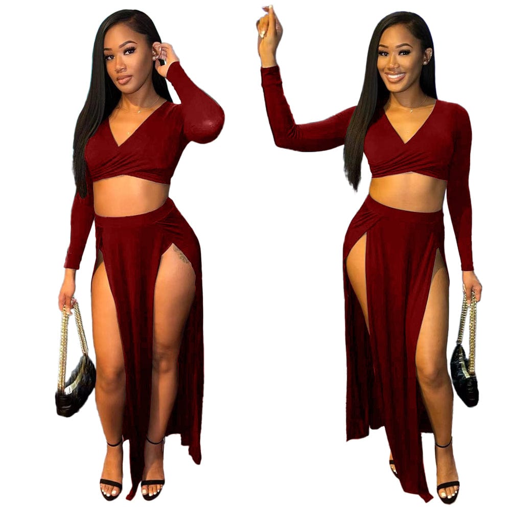 2 XL / Red Foma 2023 solid color two piece set women clothing crop top skirt and top set for women skirt set