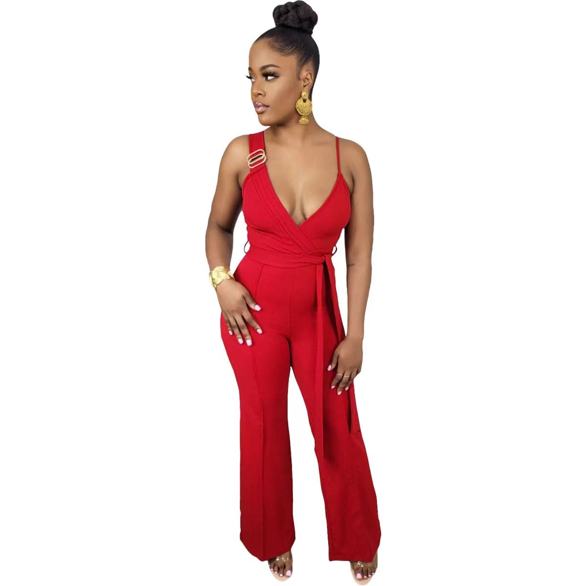 2 XL / Red J&H 2023 new arrivals sexy deep v neck wide leg jumpsuits women sleeveless elegance summer outfits