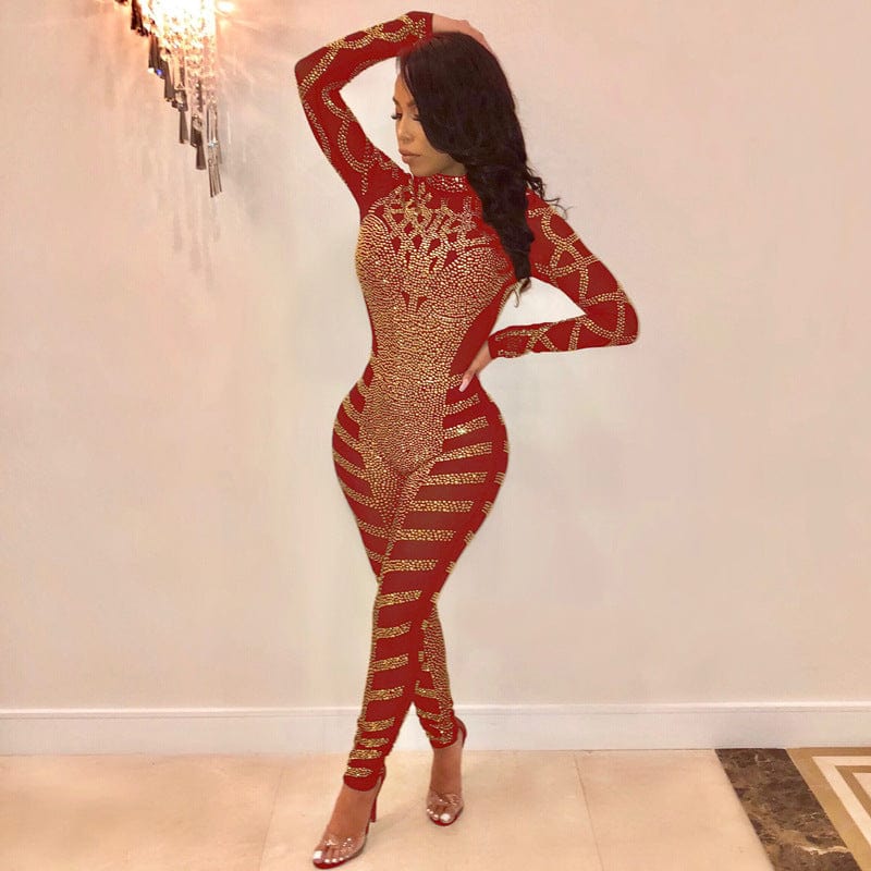 2 XL / Red JANHE combinaison rompers Women One Piece Outfits Mesh Sheer Bodycon Playsuit Long Sleeve See Through Party Jumpsuits
