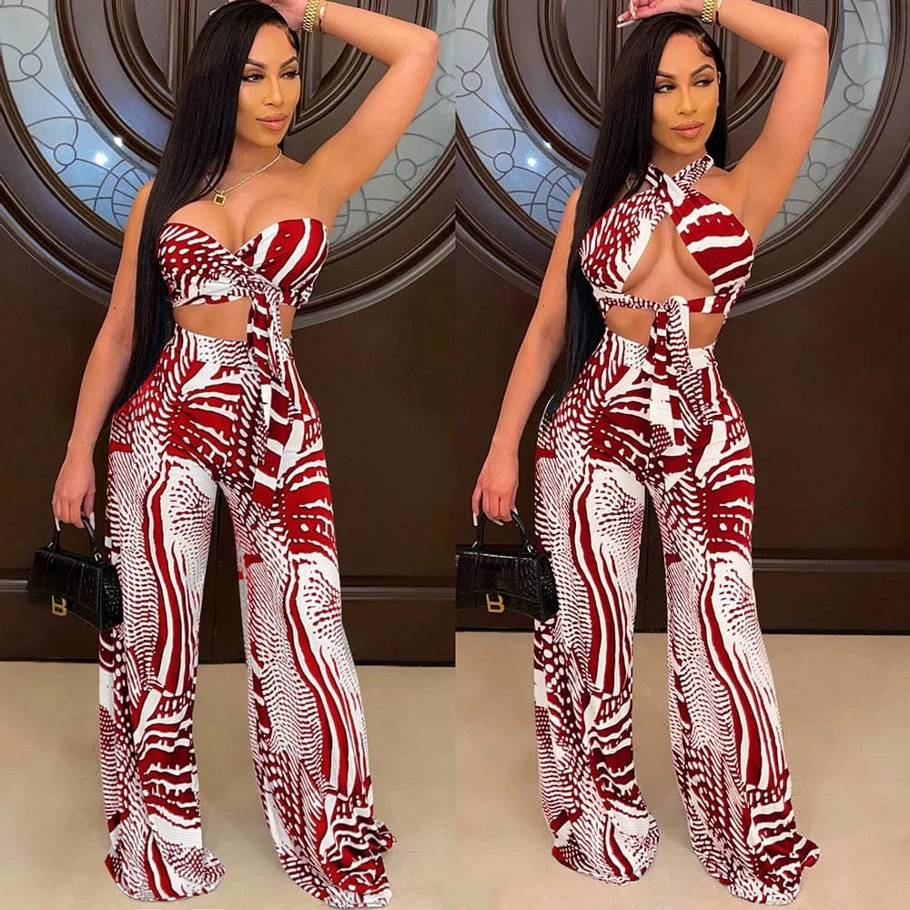 2 XL / Red Ladies Two Piece Baggy Pant Set Sexy Lace Up Tops Wide Leg Trouser Sumer Outfits Women Printed Casual 2 Piece Suits