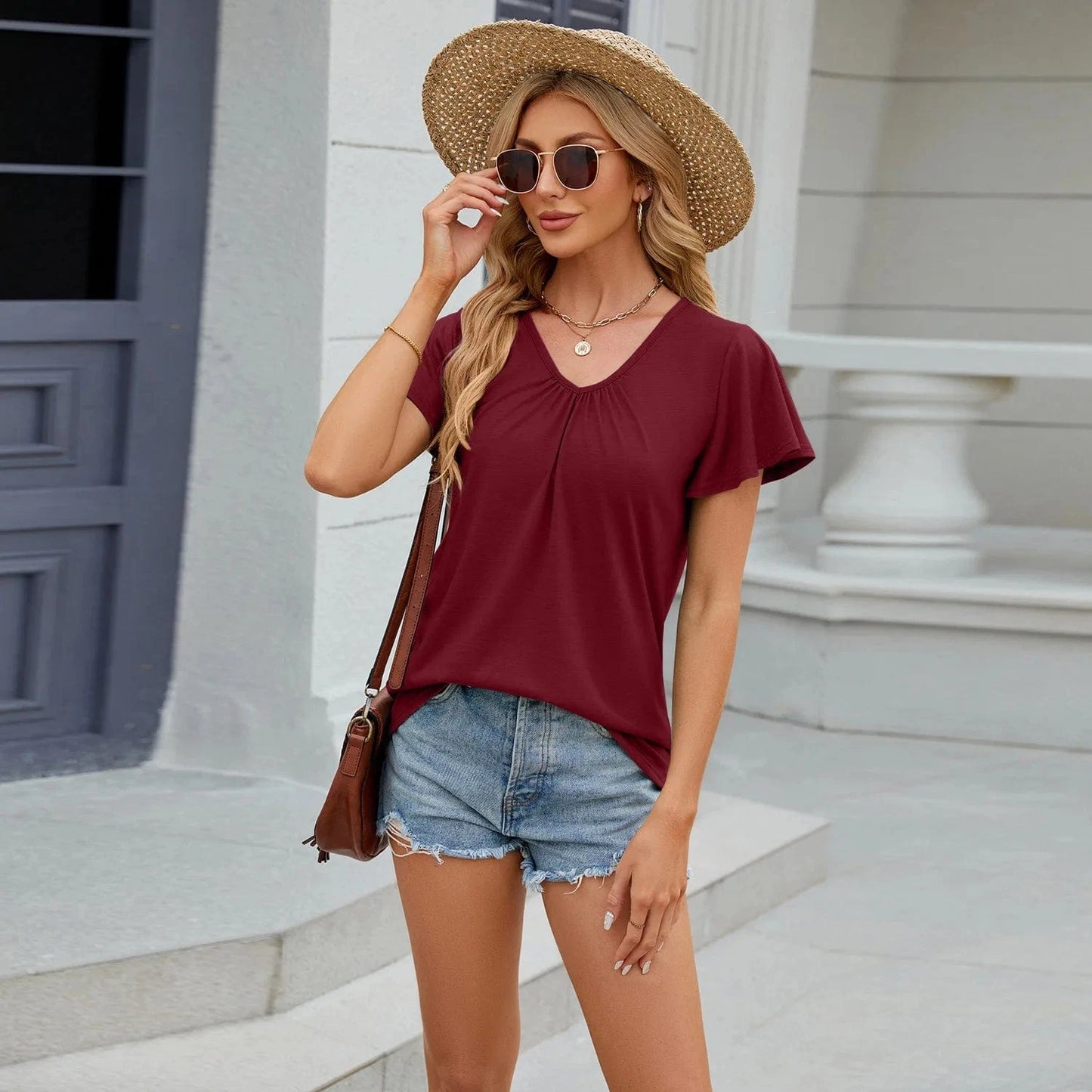 2 XL / Red / Polyester / Cotton 2024 Spring And Summer Women's New Solid Color V-neck T-shirt Loose Urban Casual Fashion Short-sleeved T-shirt Tops lady