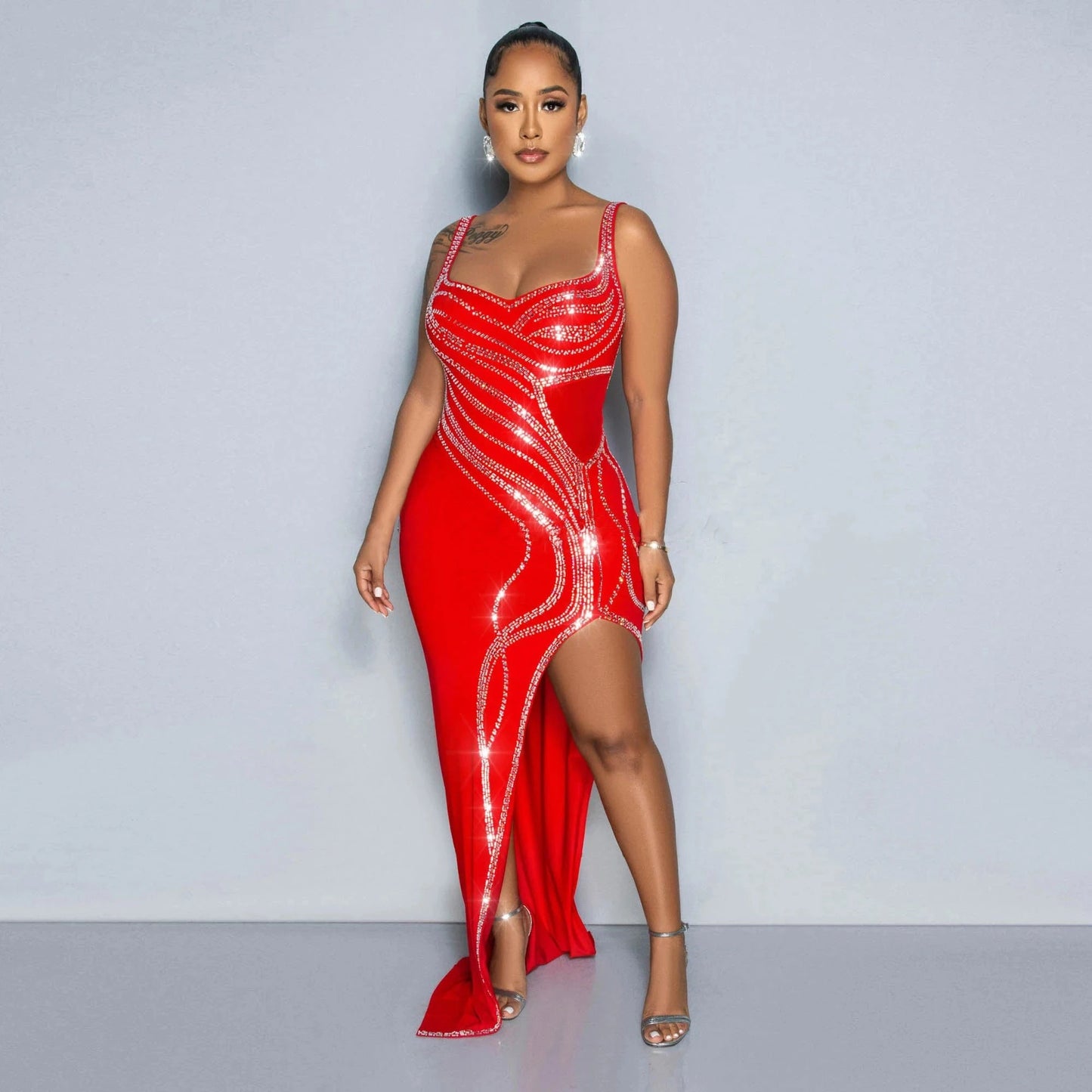 2 XL / Red Sexy pearls rhinestone evening party dress women lady elegant ball gown