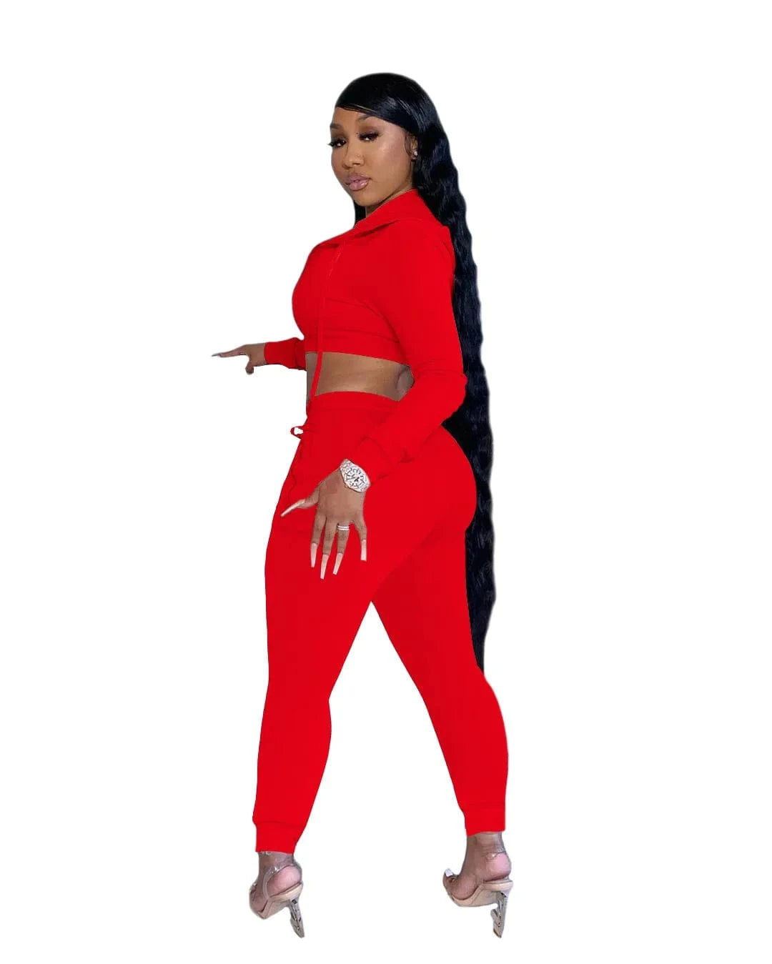 2 XL / Red Solid Fall Winter Full Zip Up Crop Tops Hoodies Sweatshirts Outfits 2 Two Pieces Pants Set Women Clothes