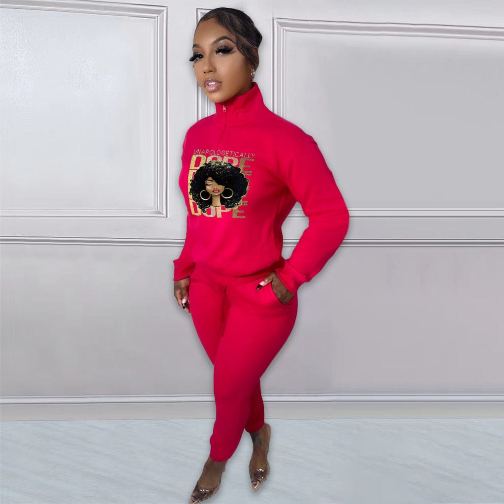 2 XL / Red Trendy Women Clothes Autumn/Winter Printed Pattern Fleece Pullover Zipper High Neck Casual Sports 2 Pieces