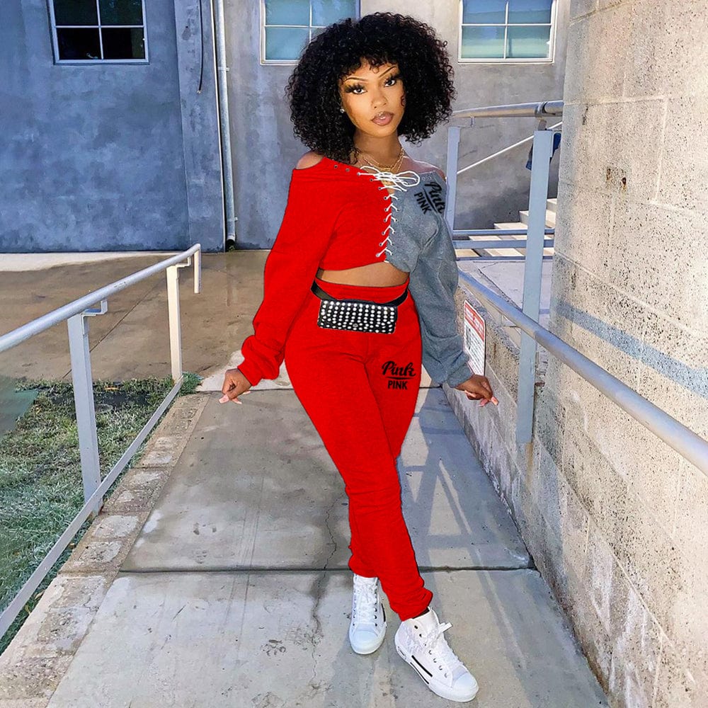 2 XL / Red Trendy Women Clothes Sports Suit Ribbed Strappy Sweatshirt With Jogger Pants Brand Pink Printed Women 2 Piece Set