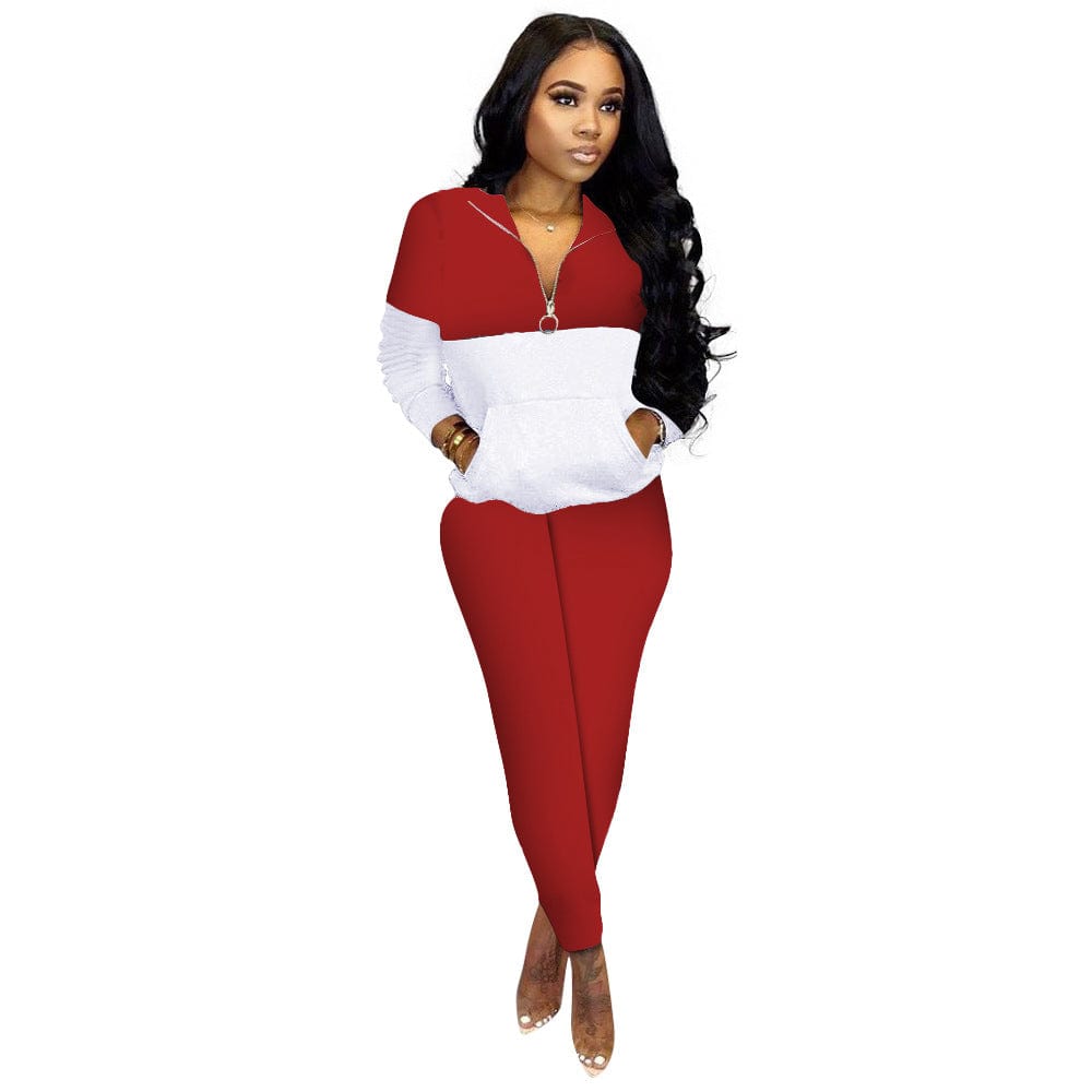 2 XL / Red Trendy Women Clothes Two Piece Outfits Zip Up Tops Pocket Body con Long Pants Color Block Pant Set