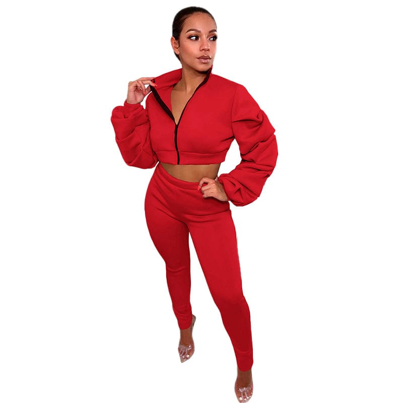 2 XL / Red Wholesale Casual 2 Piece Outfits Stacked Long Sleeve Zipper Autumn Winter Women Clothing Two Piece Pants Set