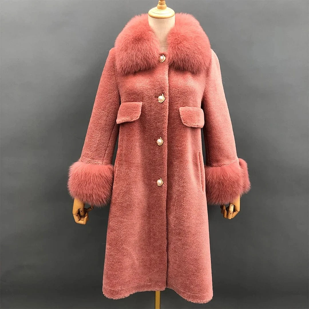 2 XL / Red Winter warm genuine fox fur collar and cuff women real sheep shearling coat