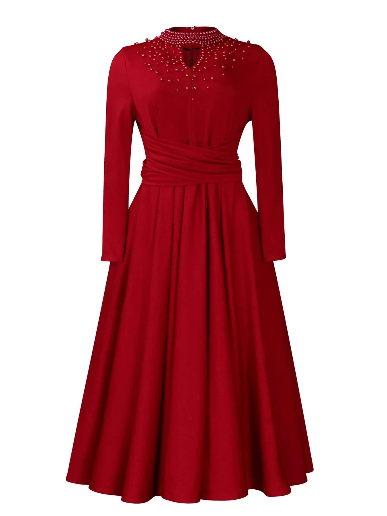 2 XL / Red Women High Neck Elegant Beaded Gown With A Full Swing Waist Office Ladies Dress For Business Dress
