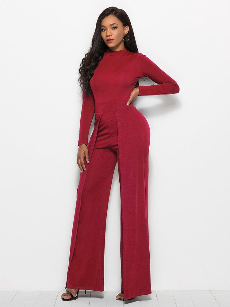 2 XL / Red women's office clothes O neck long sleeve urban casual ladies romsuit wide leg pants are irregular one piece women jumpsuits