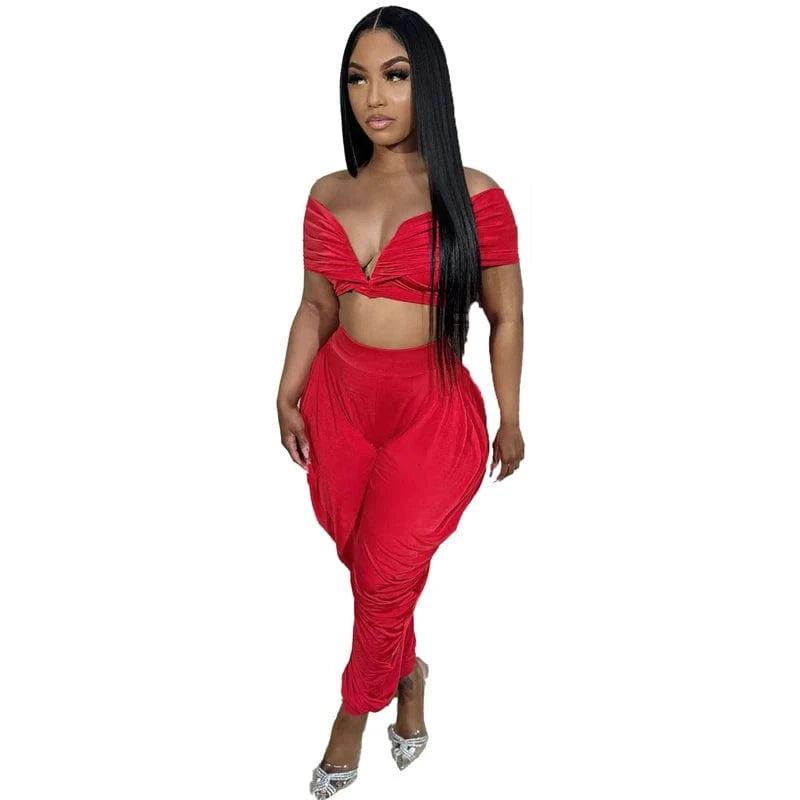 2 XL / Red women's sexy club summer wear 2024 new arrivals trend product pleated 2 piece pants set outfit clothing clothes for lady 2024