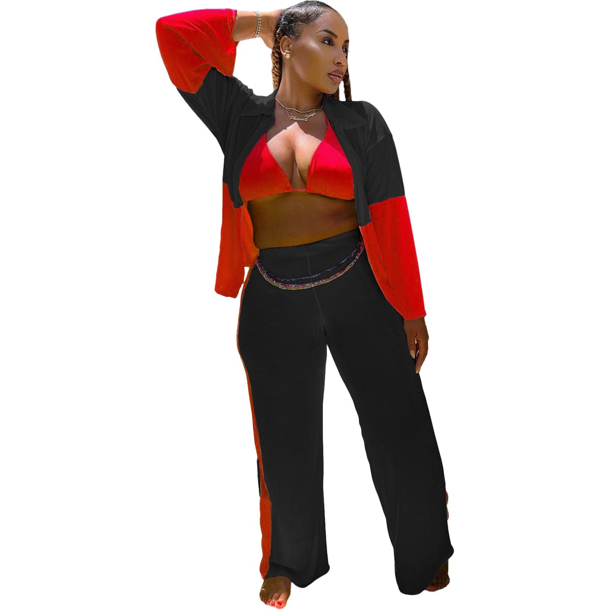 2 XL / Red Women Top Fashion New Women Clothing Ins Style Fashion Stitching Sexy Three Piece Set