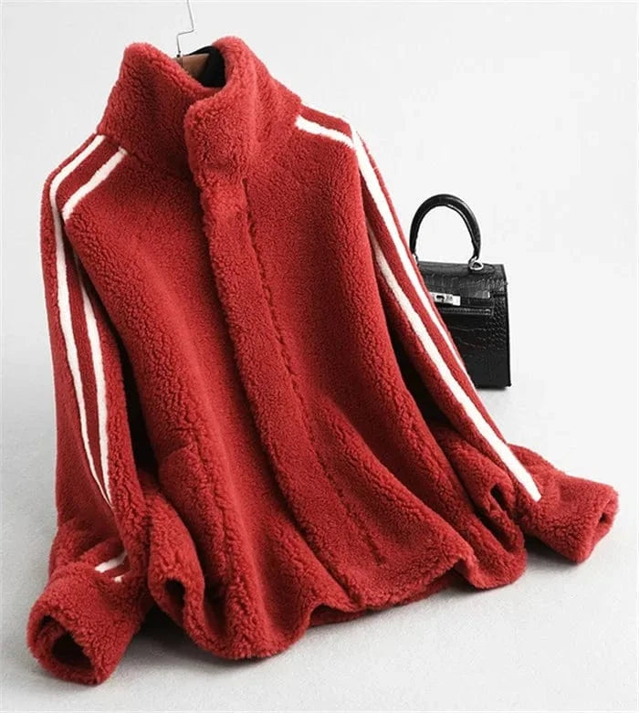 2 XL / Red Women winter real wool fur over size warm jacket fur girl coat lady short jacket overcoat A59360