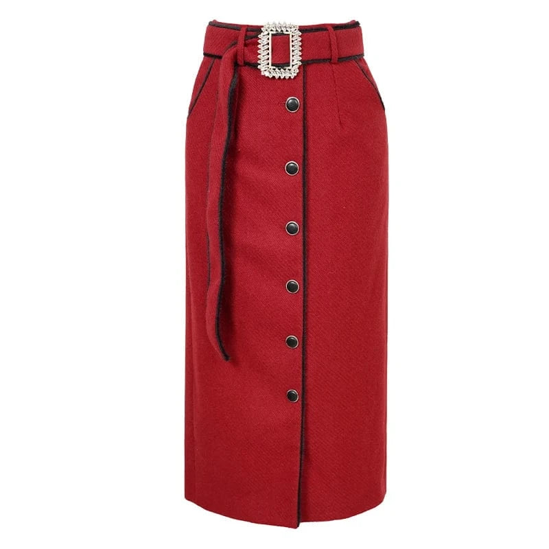 2 XL / Red ZYHT 11179 Autumn Winter Women Red Woolen Midi Skirts High Waist Front Button Up Straight Skirt with Belt