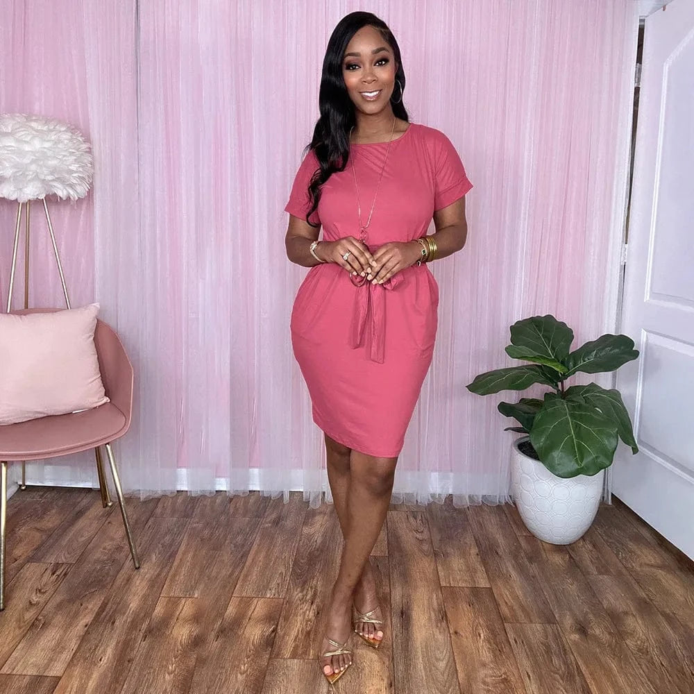 2 XL / rose Latest Lady Office Career DressLace Up Solid Color Dress Women Office Dresses