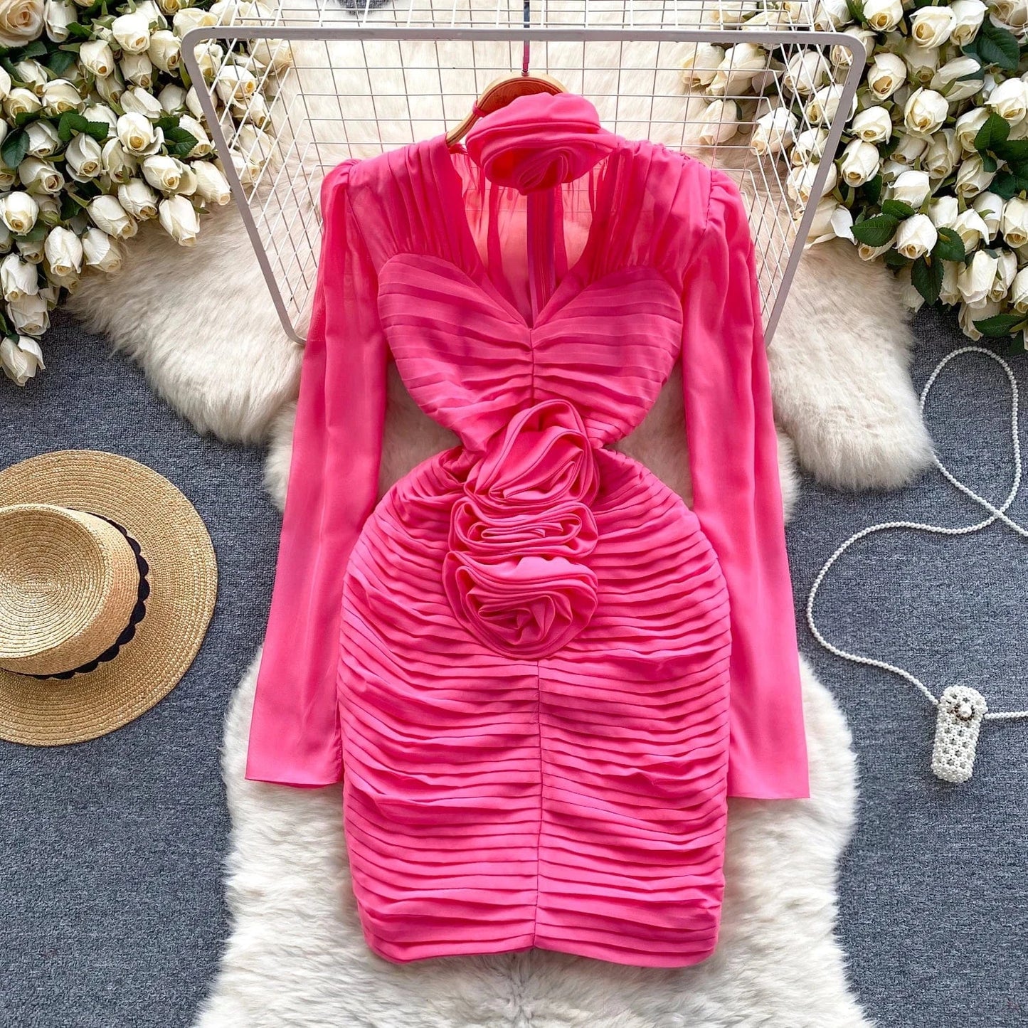 2 XL / Rose Madder 2024 Hot Sale New Long Sleeve Pleated Mini Short Temperament Romantic Sexy Pink Bodycon Beautiful Evening Dress