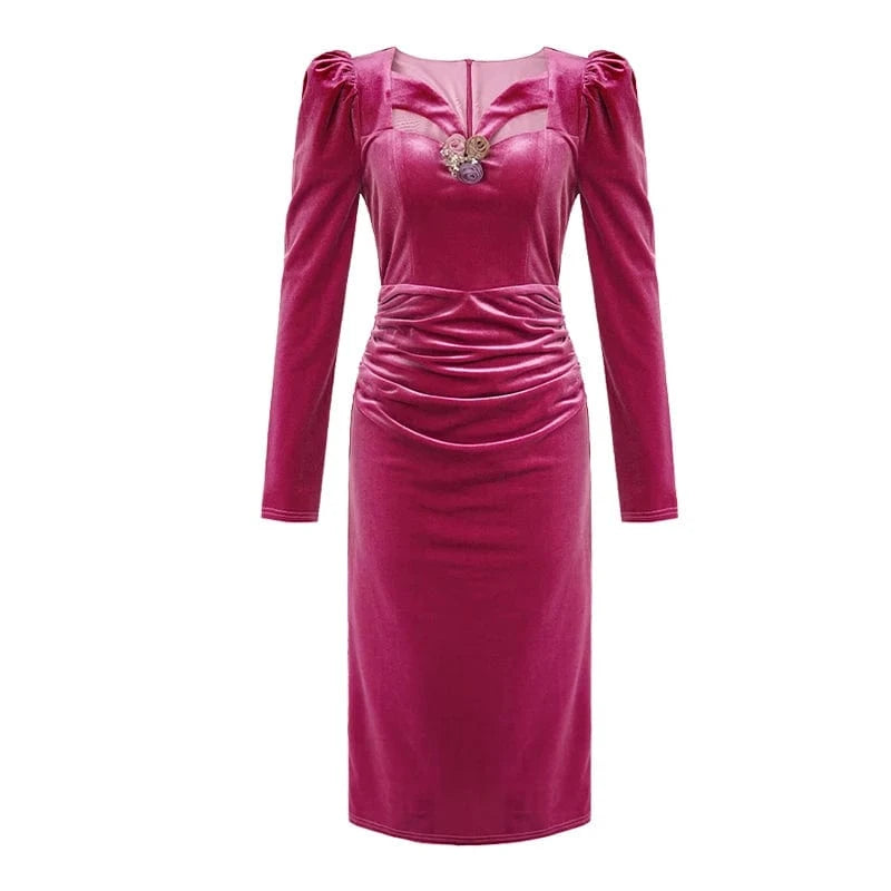 2 XL / Rose Madder ZYHT 11145 Hollowed Out Sexy V Neck 3D Flower Decor Velvet Slim Dress Ruched Ladies Party Elegant Dresses