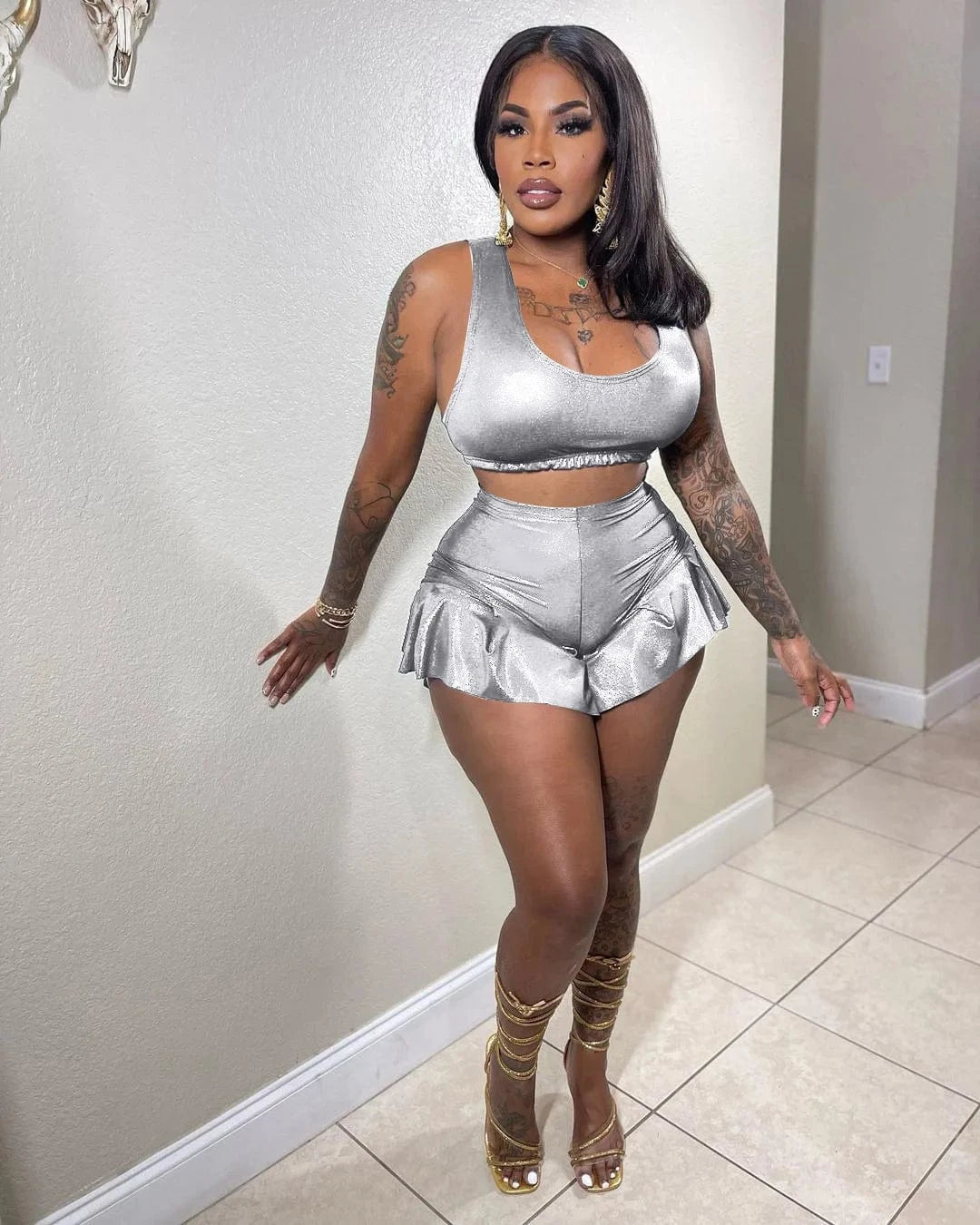 2 XL / silver casual Trendy Metallic Pleated Hem two piece crop top cargo short sets for women 2023
