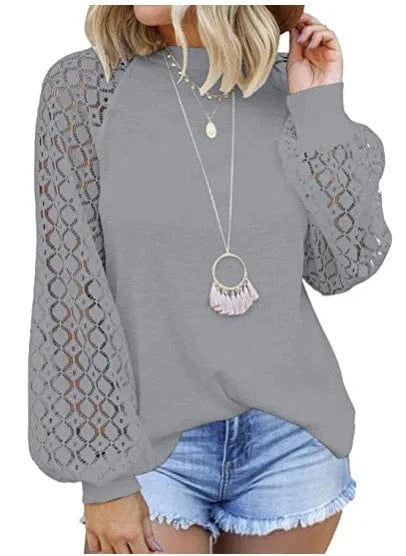 2 XL / silver / Polyester / Cotton YP 2024 New Autumn lantern sleeve pullover for ladies white Hollow out Long sleeve t-shirt women