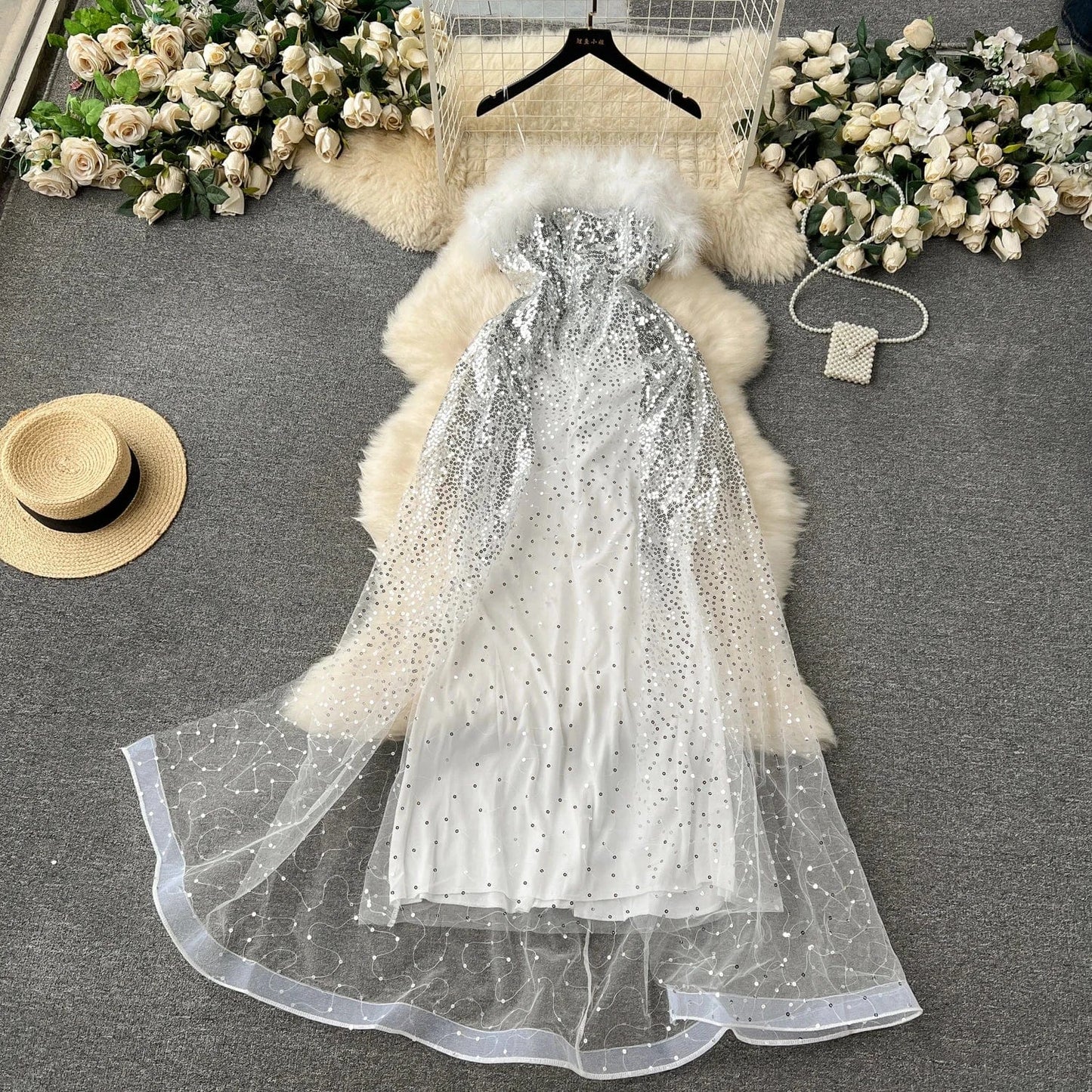 2 XL / silver Vestidos Ostrich Feather Dress Formal Elegant Dresses Women Evening Party Dress