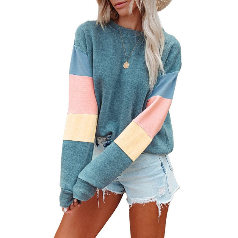 2 XL / Sky Blue Patchwork Fashion Women Sweatshirt Casual Long Sleeve Pullover Print Crewneck Women logo hoodie  Sweatshirt