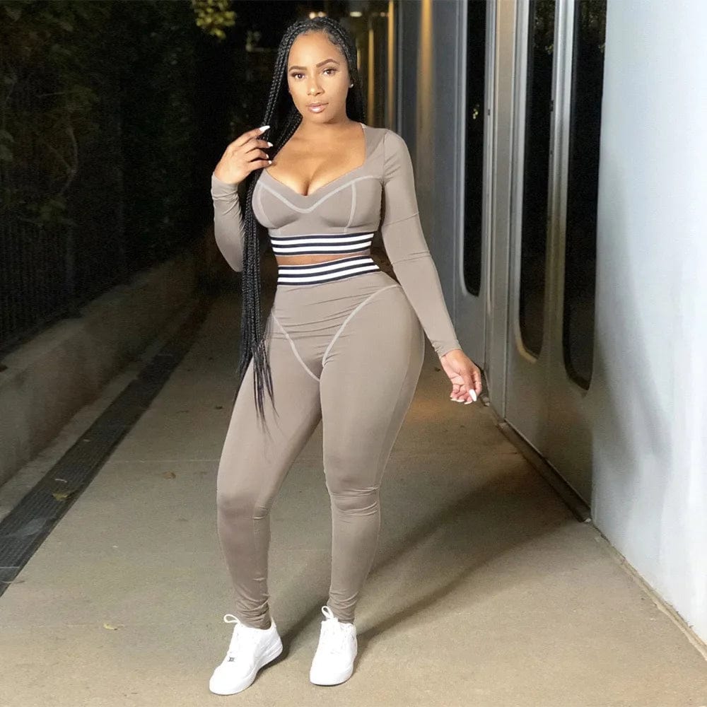2 XL / tan Fall Two Piece Pants Set Yoga Suits Fitness Women Exercise Workout 2 Pcs Long Sleeve Sexy Cropped Top Legging Outfit Sport Wear