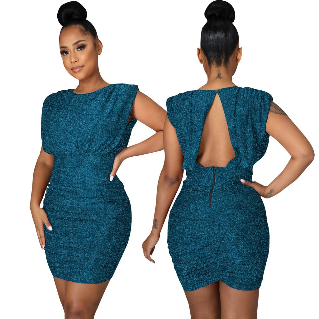 2 XL / Turquoise C1103TA55 New Design Casual Solid Color Hollow Out Sequin Bodycon Club Dress Women Sehe Fashion