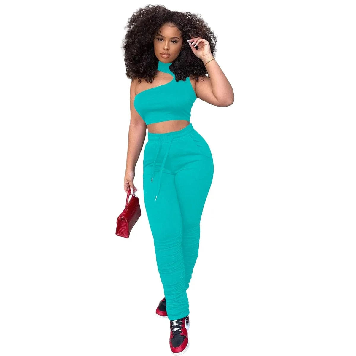 2 XL / Turquoise Casual 2 Piece Set Top and Pants Two Piece Trendy Solid Two Piece Suit Pant Set Women Stacked Joggers Pants with Side Pockets