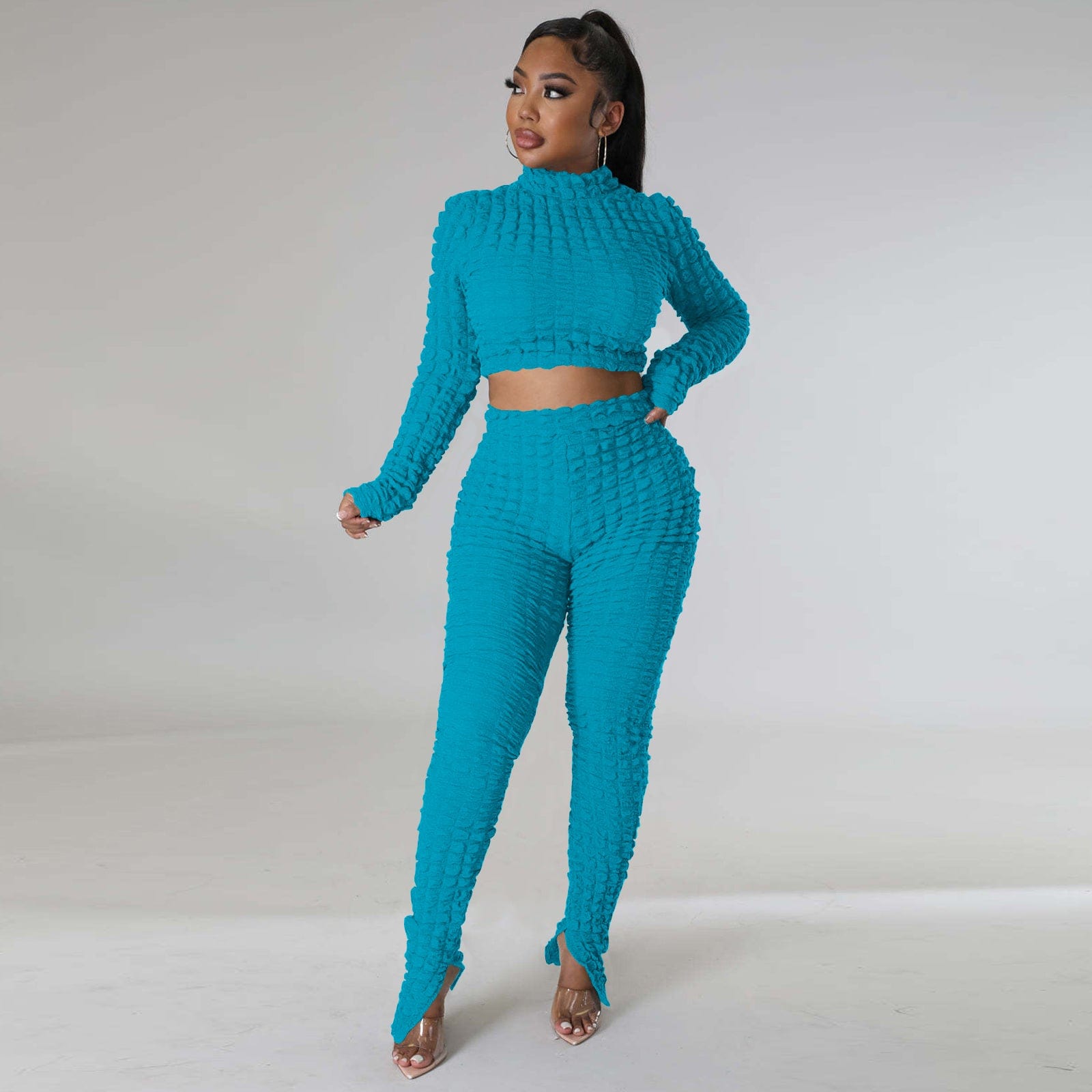 2 XL / Turquoise trending woman clothes 2022 new arrivals Trendy Women Clothes Casual Long Sleeve Bubble Fabric Pants Set