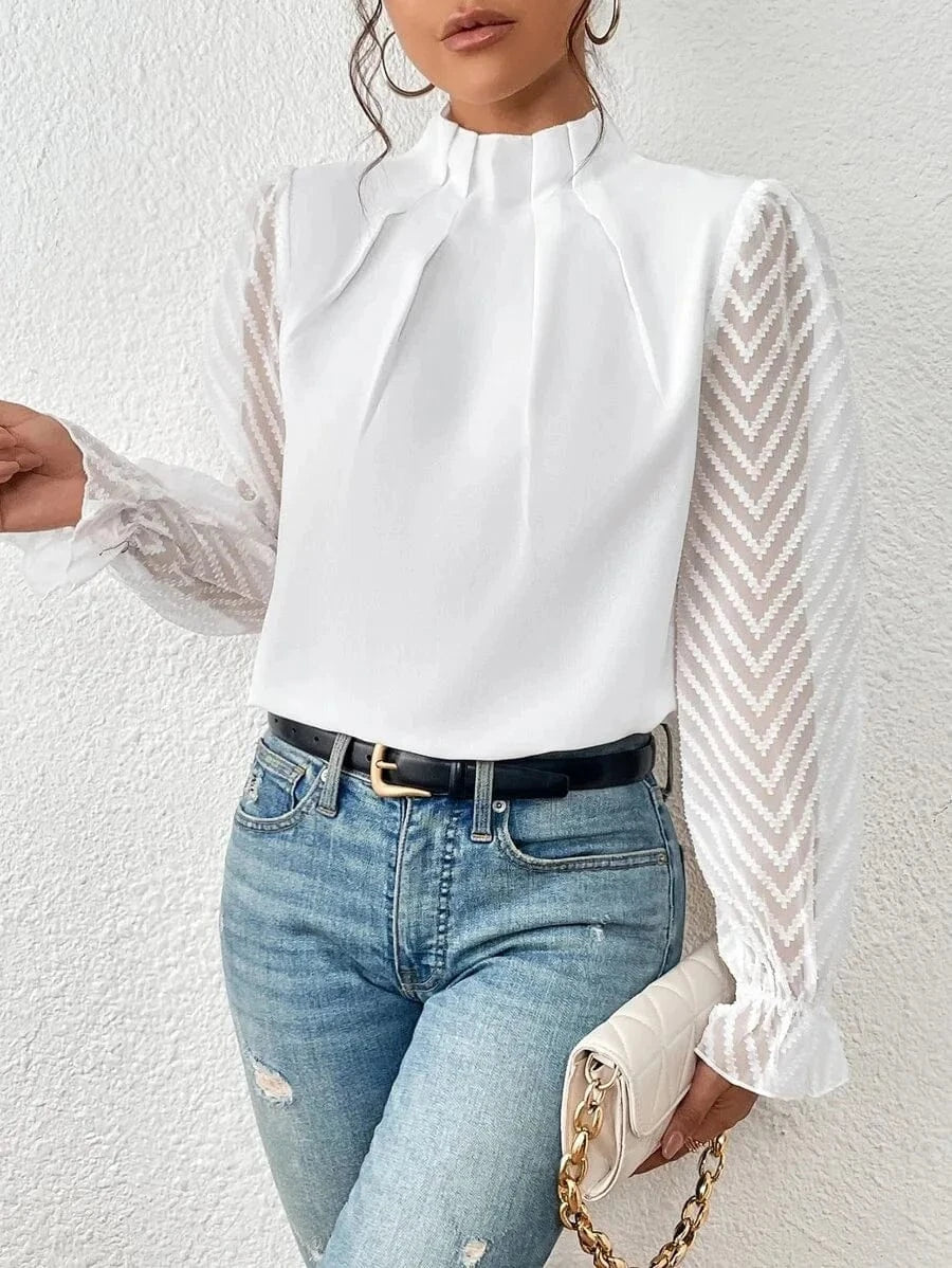 2 XL / White 2023 Autumn Winter New Women's Half-high Neck Splicing Wavy Chiffon Long-sleeved Woman Blouse