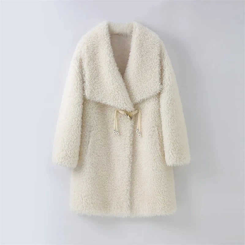 2 XL / White 2023 New Women's Sheep Shearling Winter Long Coat Female Lady Wool Fur Polyester Lining Warm Parka H2391