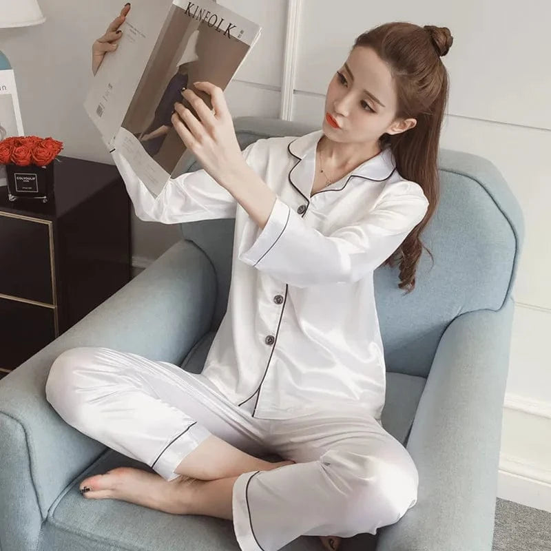 2 XL / White 2024 Spring And Autumn New Ladies Large Size Lapel Silk Fashion Pajamas Fat Ladies Ladies Home Wear
