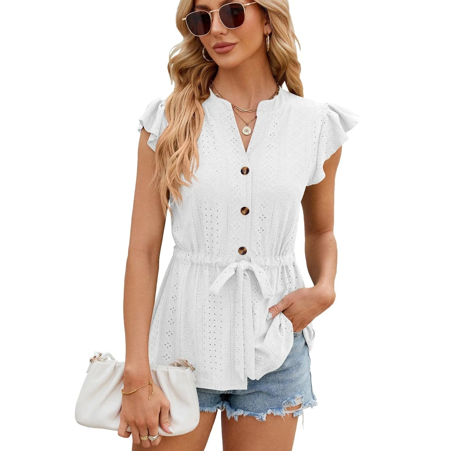 2 XL / White 2024 Women Lady Girls  Spring And Summer New Solid Color Button Lace-up Loose T-shirt Top Cardigan for Women