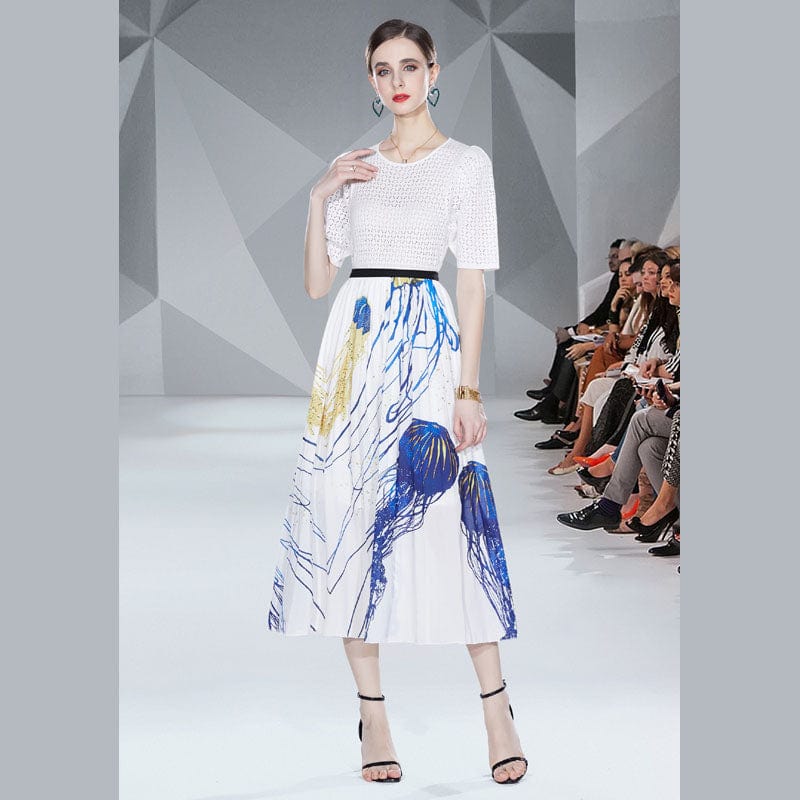 2 XL / White Be careful machine white hollow knitted sweater + fashion slim printed skirt two-piece set HJW9599078