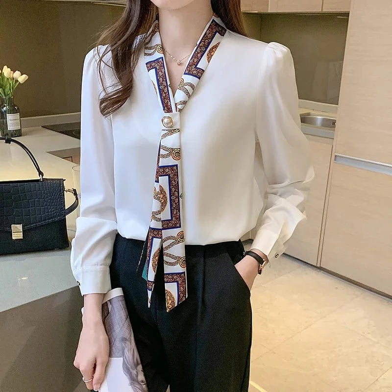 2 XL / White Blouses Female Elegant Fashion Office Lady Bow Solid Chiffon Shirts Women Clothing Spring Autumn Long Sleeve V-Neck Pullover Top