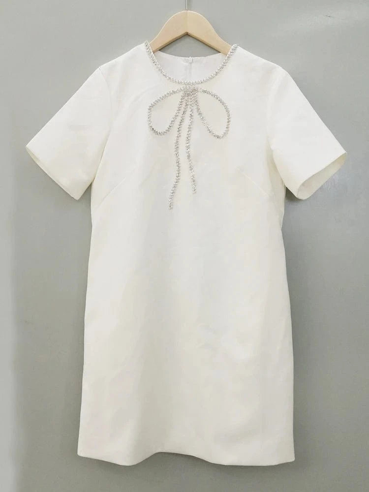 2 XL / White CHICEVER Round Neck Short Sleeve High Waist Patchwork Diamonds Casual Dresses Elegant Woman Dress