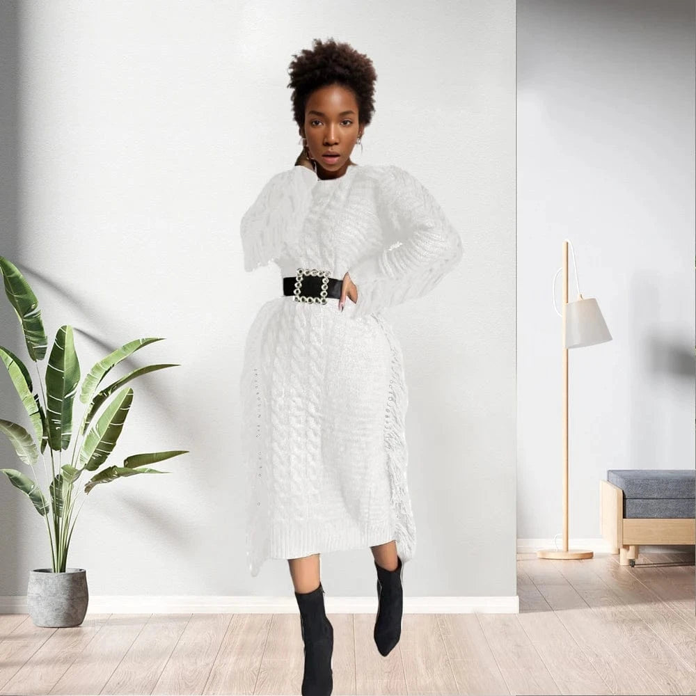 2 XL / White D1211TA04  New Trendy Solid Color Long Sleeve Hollow Out  Knitted Tassel Sweater Women Dress Sehe Fashion