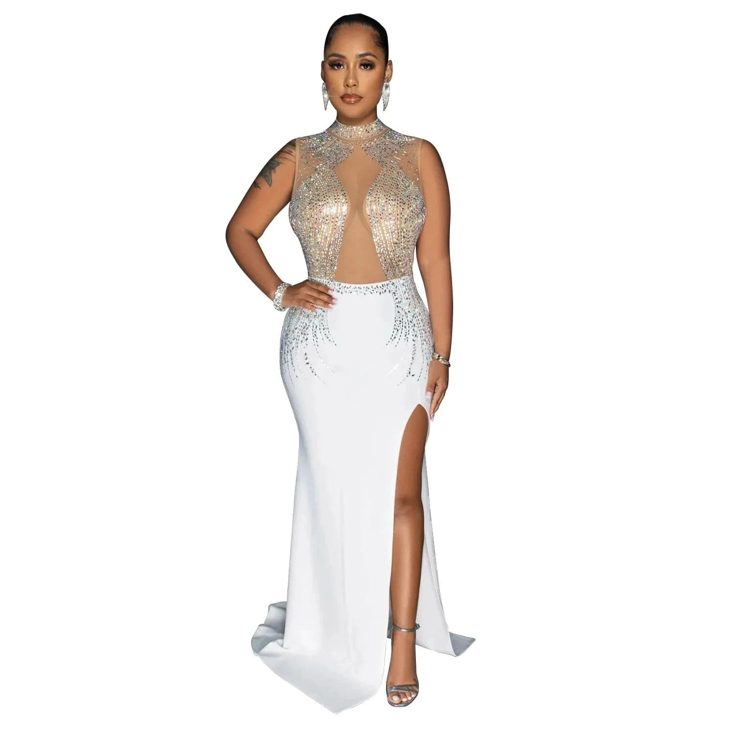 2 XL / White European and American fashion women's solid color mesh hot diamond slit long skirt dress