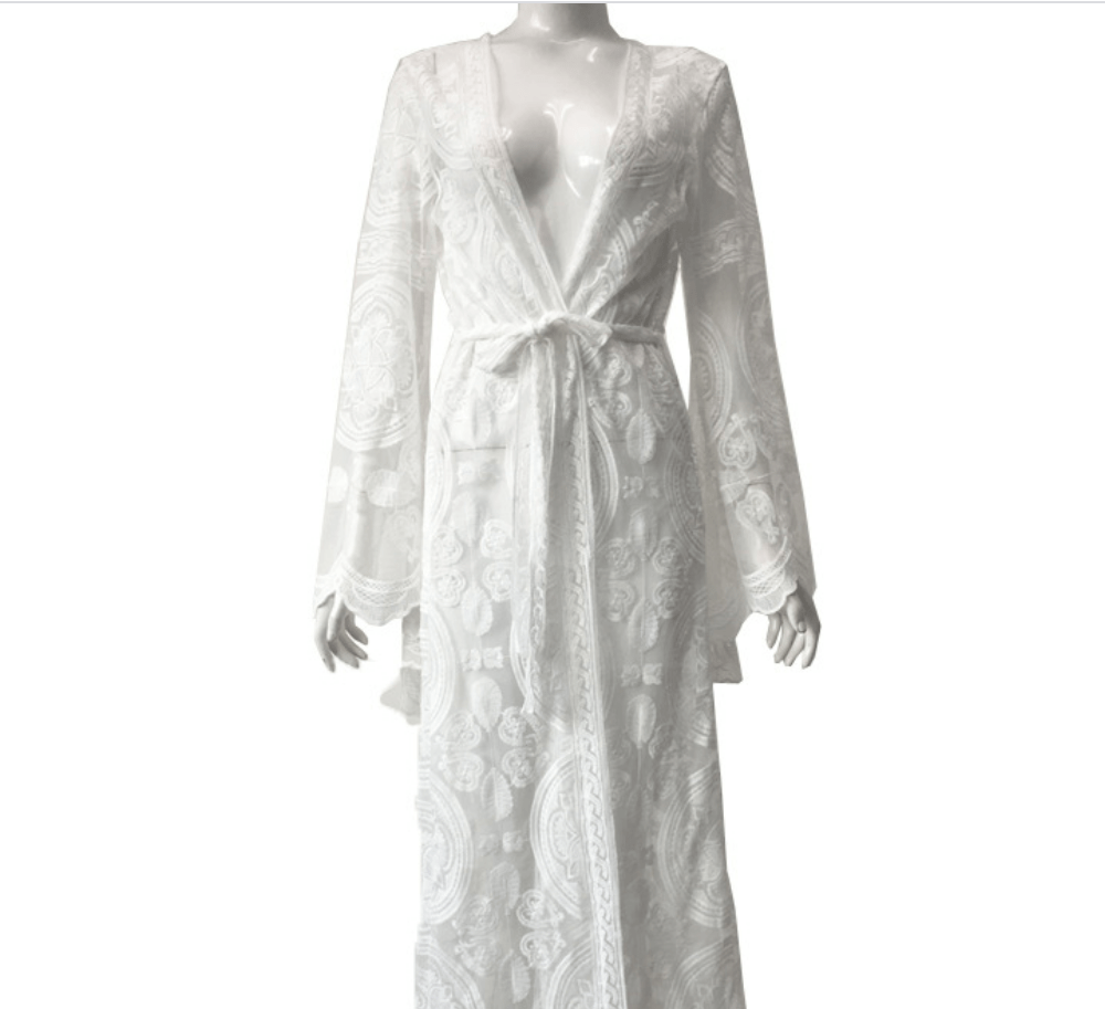 2 XL / White European and American women's embroidered dress long sleeves cardigan lace evening dress clothes dress shawl