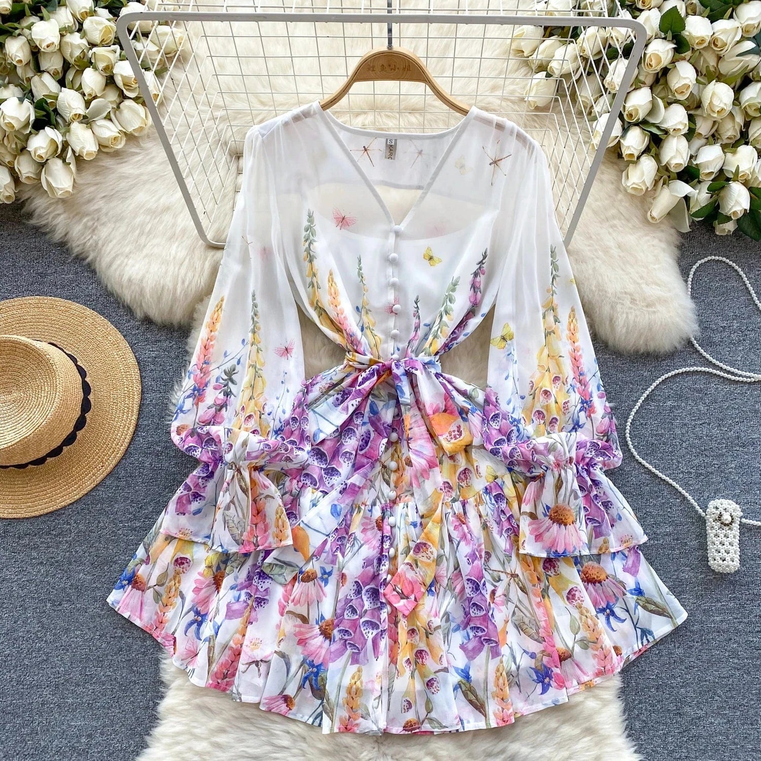 2 XL / White Fashion Summer Print V-neck Ruffled Dress Lantern Sleeve Dress