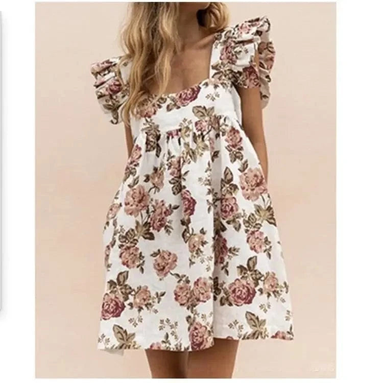 2 XL / White flowers S-XXL Summer New Dress Fragmented print color blocking square neck ruffle edge sleeve solid color large hem dress