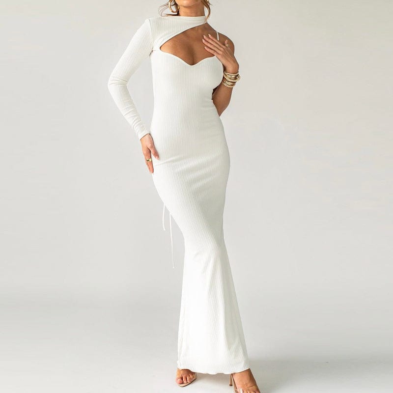 2 XL / White New Single Long Sleeve Sexy Backless Solid Color Diagonal Collar Pit Dresses Women's White Slim Party Long Dress