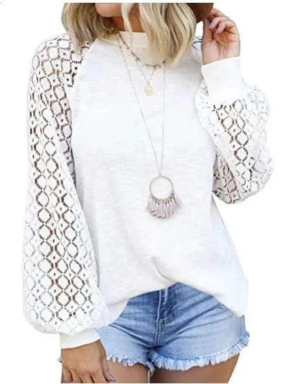 2 XL / White / Polyester / Cotton YP 2024 New Autumn lantern sleeve pullover for ladies white Hollow out Long sleeve t-shirt women