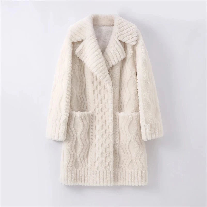 2 XL / White Pudi Women Real Wool Fur Coat Jacket Winter Long Sheep Fur Coats Parka Trench CT133