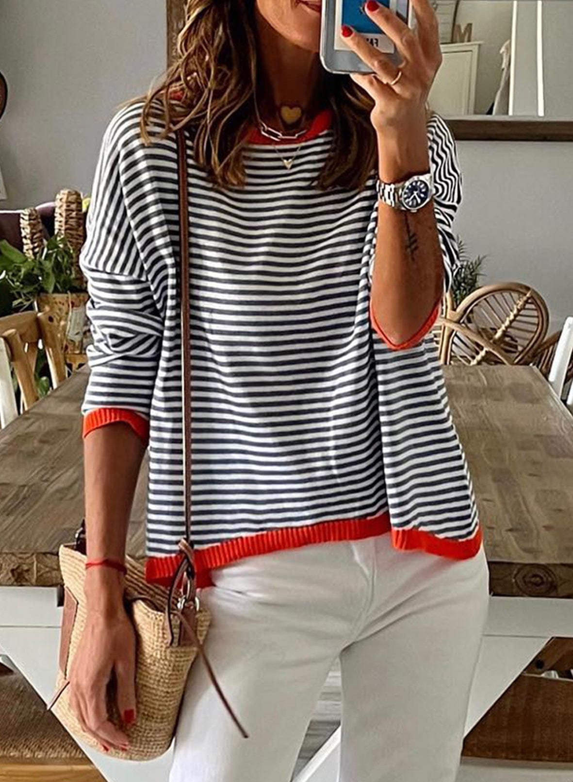 2 XL / White S-XXL New Knitted Round Neck Sweater Casual Fashion Stripe Contrast Design Shoulder Drop Long Sleeve Top