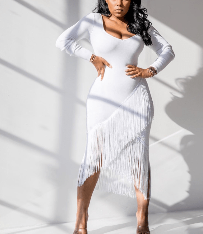 2 XL / White Sexy V-neck Long Sleeves Bodycon Chic Tassel Lady Party Cocktail Dress