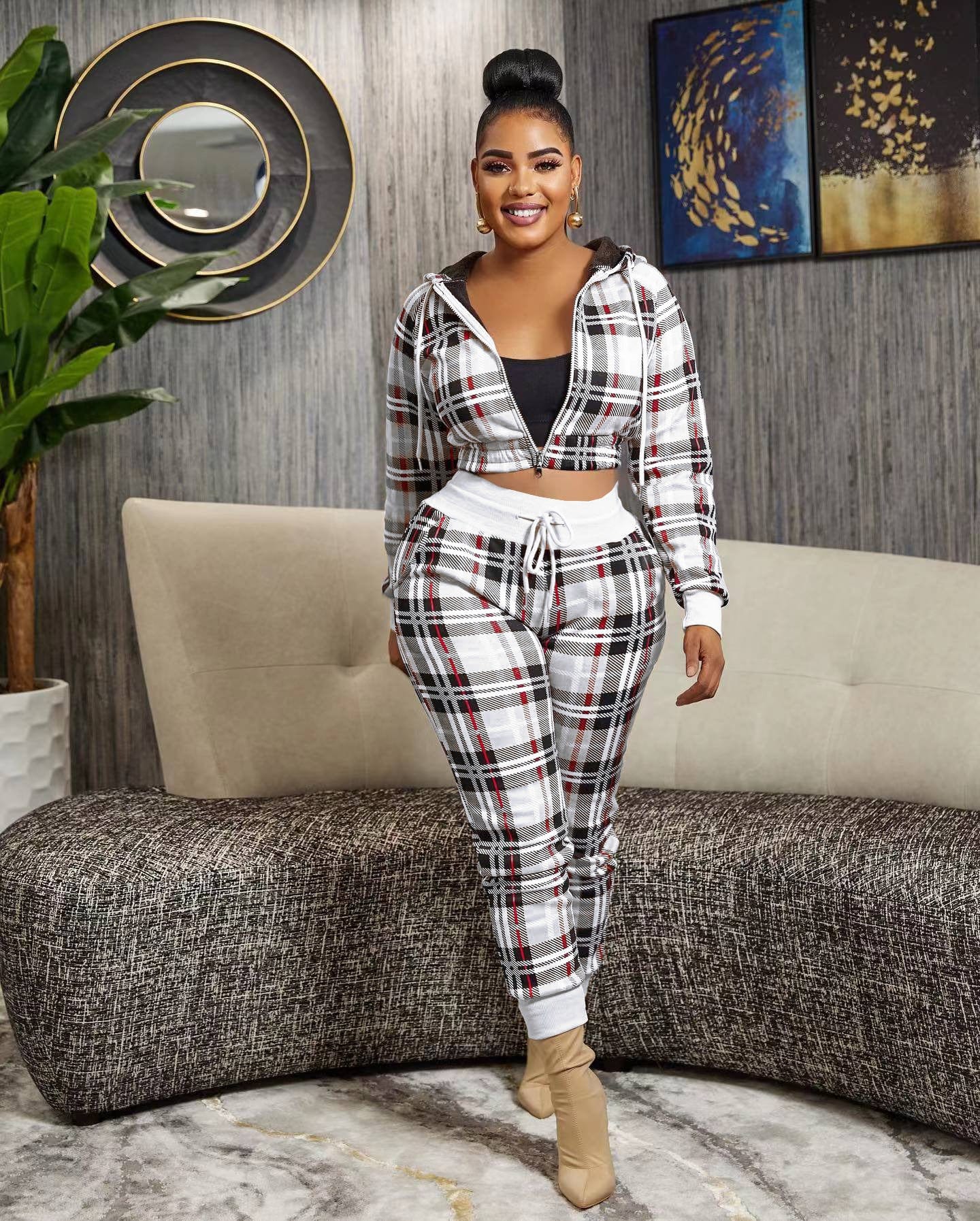 2 XL / White Sharee 2023 Popular Brand Clothes Us Size Two Piece Plaid Hoodie Jacket Pants Sets Sweatsuit Sets Women