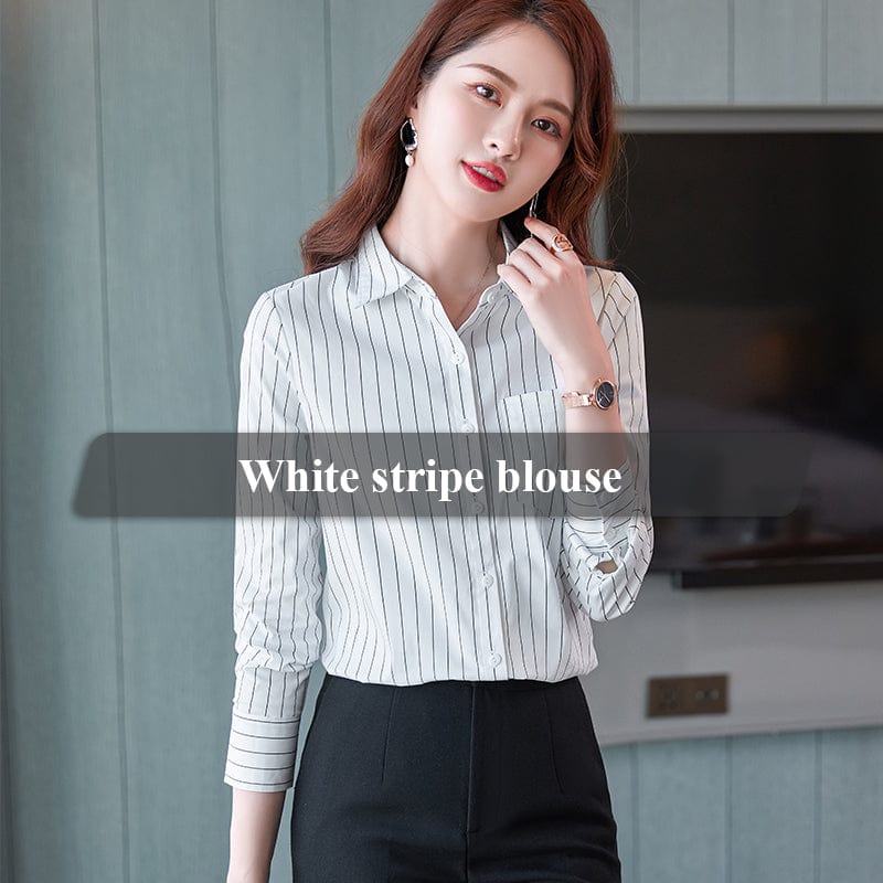 2 XL / White stripe Wholesale Dropship OEM Fashion elegant Blue Stripe Blouse With Work Wear Office Lady Female Tops Chemise Loose Style Shirt